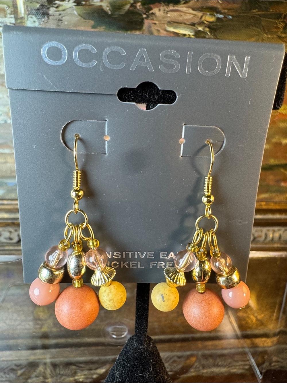 0464-Occasion Peach and Gold Bead Cluster Dangle‎ Earrings